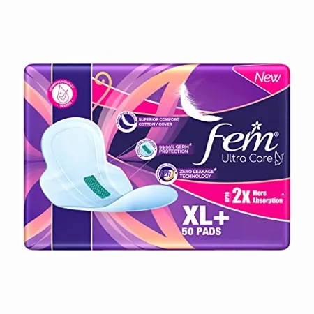 Fem Ultra Care Sanitary Pads for Women XL Pack of 50 with wings 2X higher absorption technology Zero leakage up to 12 hours Dermatologically tested 99 99 germ protection