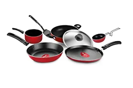 Pigeon Nonstick Cookware Set of 7 Piece Includes Nonstick Tawa 23 cm Nonstick Fry Pan 24 cm Nonstick Kadai with Stainless Steel Lid 24 cm and Nonstick Sauce Pan Red 
