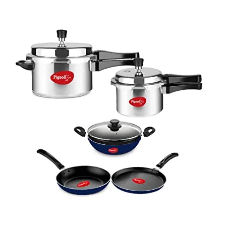 Pigeon by Stovekraft Aluminium Outer Lid Pressure Cooker Cooker 3 and 5 Litre with Kadai with Glass Lid Flat Tawa and Fry Pan Combo Silver Large 14466 