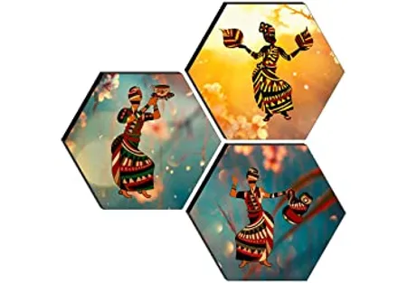 SAF Set of 3 Hexagon Modern Art Dancing MDF Board UV Textured Painting 17 Inch X 17 Inch SANFHXS30542