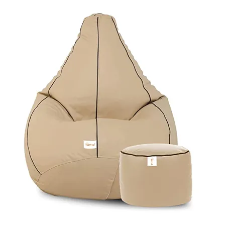 SATTVA Faux Leather XXXL Classic Filled Bean Bag with Footrest Combo with Beans Beige with Brown Piping 