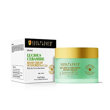 Soulflower SPF 50 Sunscreen Hand Cream for Dry Rough Hands Skin Moisturization Sun Protection cold cream for Men Women with Aloe Vera Shea Butter 50gm