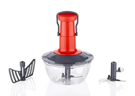 Tosaa Manual Press Fruit Vegetable Chopper with 3 Stainless Steel Blades 1 Whisker Anti Slip Base and Locking System 500 ml Color May Vary