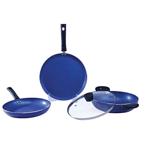 Wonderchef Valencia Non Stick Cookware 4 Piece Set Kadhai with Lid Fry Pan Dosa Tawa Induction Friendly Cool Touch Bakelite Handles Pure Grade Aluminium PFOA Free 2 Years Warranty Blue