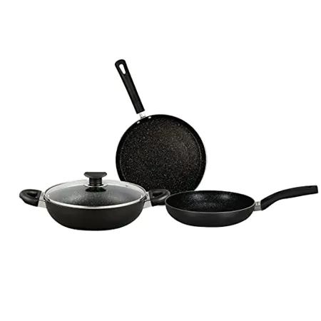 Bergner Essential Plus Non Stick 4Pc Cookware Set Kadhai with Glass Lid 2 6 L Dosa Tawa 28cm Fry Pan 24cm Induction Compatible Bakelite Handles PFOA Free Black