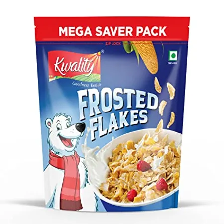 Kwality Frosted Flakes Made with Golden Corns 99 Fat Free Natural Source of Vitamin Iron and Protein 1Kg Pack of 1 