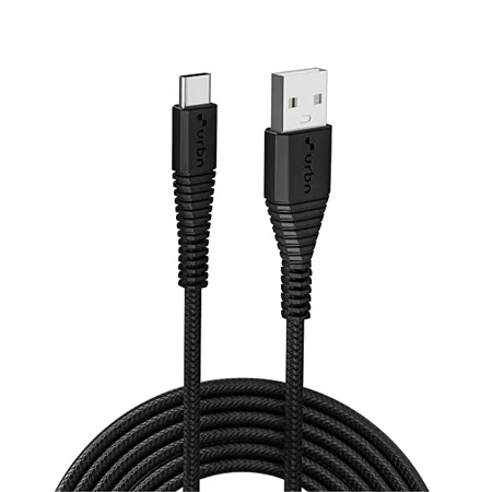 URBN Type C USB 3 4 Amp 25W Fast Charging Cable for Smartphone Unbreakable Rugged Nylon Braided Quick Charge QC Compatible Made in India Length 5 Feet Black
