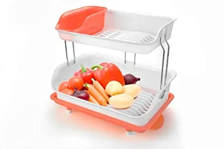 YouBee 2 Layer Plastic Kitchen Sink Large Dish Rack Drainer Drying Rack Washing Basket with Tray for Kitchen Dish Rack Organizers Utensils Tools Orange 