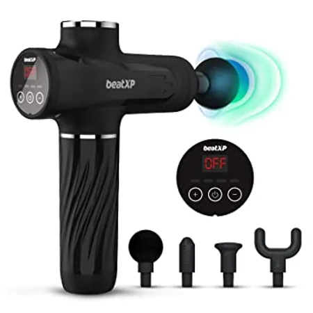 beatXP Bolt Go Massage Gun Body Massager Machine for Pain Relief Touch Display Percussion Gun Back Massager for Men Women with 4 Attachments 4000mAh Battery up to 18 Months Warranty Jade Black 