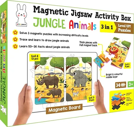 Magnetic Jigsaw Puzzles Jungle Animals Activity Box with 3 Magnetic Puzzles Magnetic Board Learn to Draw 50 GK Facts Book