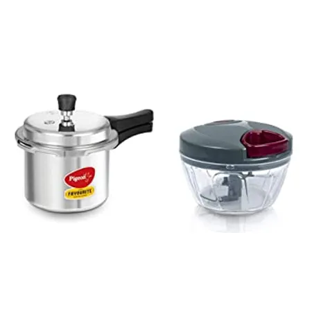 Pigeon by Stovekraft Favourite Outer Lid Non Induction Aluminium Pressure Cooker 3 Litres Silver Handy Mini Plastic Chopper with 3 Blades Grey Non Induction 
