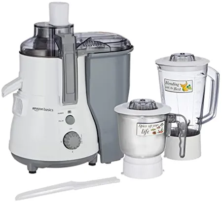 Amazon Basics 850W Juicer Mixer Grinder 100 Copper Motor 20000 RPM 1 Blender Jar 1 Grinder Jar White Grey