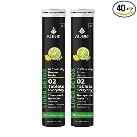 Auric Liver Detox Effervescent Fizzy Water with 10 Ayurvedic Herbs Clinically Researched Therapeutic Ingredients Drop Dissolve Fizz Drink Pack of 40 Tablets