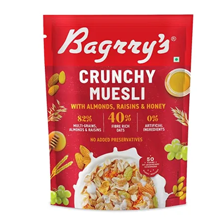 Bagrry s Crunchy Muesli 40 Fibre Rich Oats with Bran 82 Multi Grains Almonds Raisins Honey Breakfast Cereal Natural Muesli 400g 425g Pouch Weight May Vary 