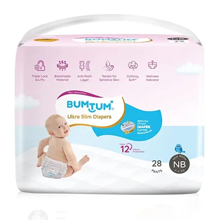Bumtum Ultra Slim New Born Baby Diaper Pants 28 Count For Sensitive Skin 12 Hrs Protection Cottony Soft Anti Rash Layer Wetness Indicator Pack of 1 