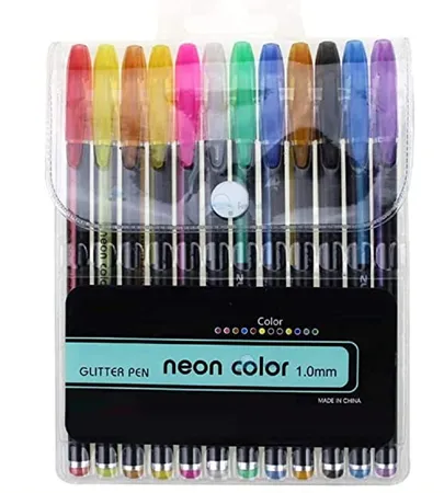 FunBlast Glitter Pen Set Pack of 12 Glitter Pen Neon Color Pen Set Color Gel Pen Set Glitter Metallic Neon Pen Set for Kids Suitable for Sketching Painting Drawing 12 Pcs 