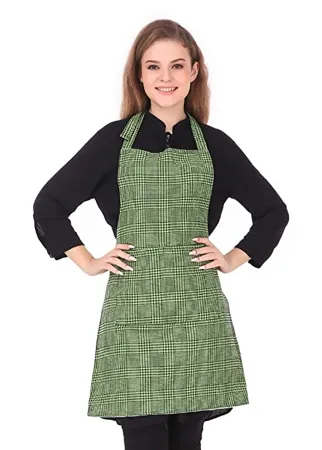 GLUN Waterproof Unisex Kitchen Apron with Center Pocket and Adjustable Neck Belt with Metal Buckle PACK OF 1 Green Check 