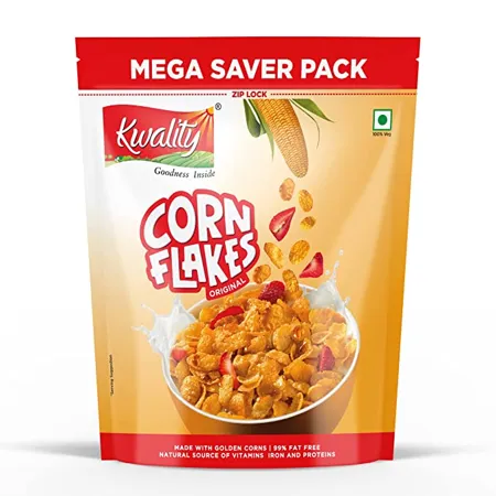 Kwality Corn Flakes Made with Golden Corns 99 Fat Free Natural Source of Vitamin Iron and Protein 1Kg Pack of 1 