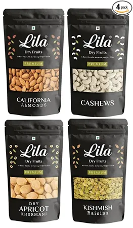 LILA DRY FRUITS Combo Cashews Almonds Golden Raisins Dry Apricots 200gm Each Kaju Badam Kishmish Khurmani Combo 800gm