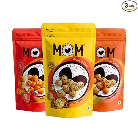 MOM Meal of the Moment Roasted Makhana Pack of Desi Chaat Tomato Achaari and Cheddar Cheese Gluten Free Anti Oxidants MSG Free Zero Trans Fat No added Preservatives and No artificial Flavours