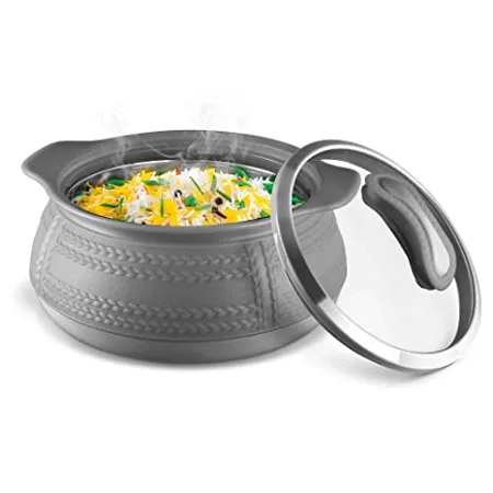 Milton Weave 1000 Insulated Inner Stainless Steel Casserole with Glass Lid 780 ml Grey BPA Free Food Grade Easy to Carry Easy to Store Ideal For Chapatti Roti Curd Maker