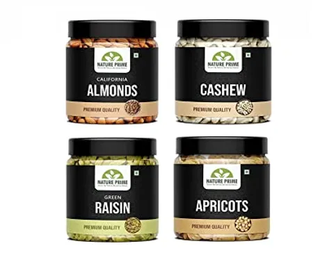 Nature Prime Fresh and Healthy Premium Raw Nuts Dry Fruits Combo Pack of Almond Cashew Raisin Apricot Jar Pack 200g 4 800G