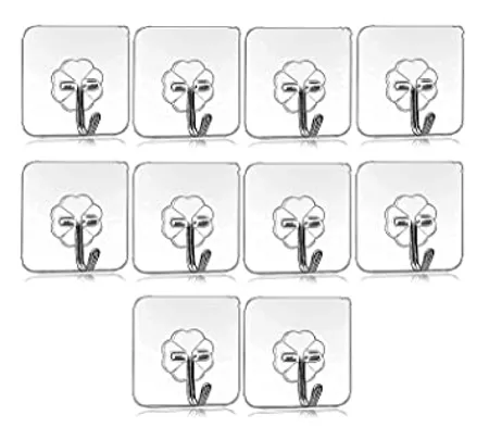 RAXON Self Adhesive Wall Hooks Heavy Duty Sticky Hooks for Hanging 10KG Max Waterproof Transparent Adhesive Hooks for Wall Pack of 10 
