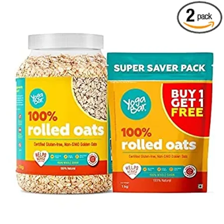 Yogabar 100 Rolled Oats 1kg Buy 1 Get 1 FREE Premium Golden Rolled Oats Gluten Free Oats with High Fibre Rolled Oats 1 Kg Each 