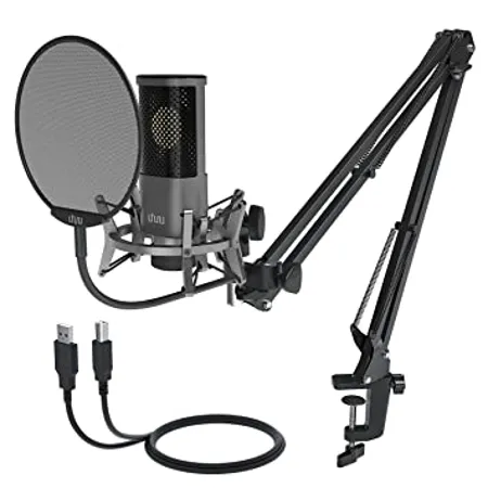 uhuru Um 1000 Condenser USB Mic for Pc Singing and YouTube Gaming Recording Unidirectional Microphone Build in Dia 16Mm Large Capsule with Plug and Play Mic Stand and Pop Filter Gray