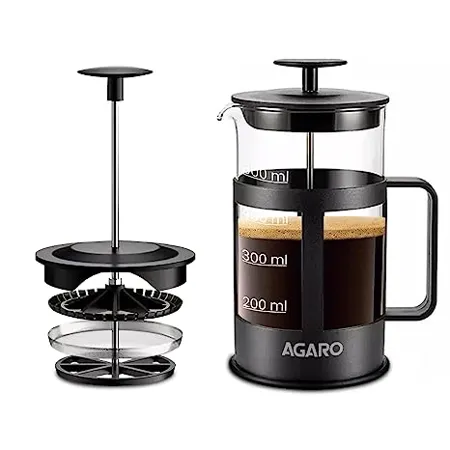 AGARO Delite French Press Coffee And Tea Maker Borosilicate Glass Body With Sleeves Glass Carafe BPA Free Plastic Lid Strainer 600Ml