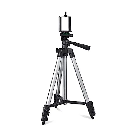 Amazon Basics Aluminum 110CM Lightweight Tripod with Mobile Phone Holder Mount Carry Bag for All Smart Phones Gopro Cameras Silver