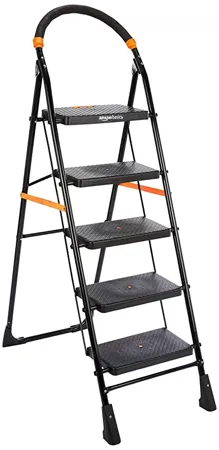 Amazon Basics Clamber Foldable Step Ladder Safety Clutch Lock Ribbed Steps Knee Guard Non Marring PVC Shoes 5 Steps Steel Black Orange 