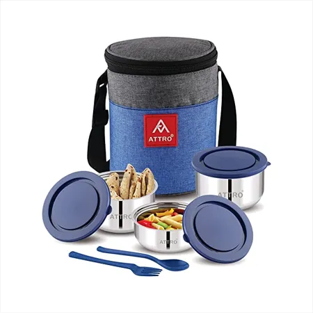 Attro Fresho Stainless Steel Double Wall Lunch Box Airtight Leak Proof 3 Containers with Bag Fork Spoon for Office Use School Picnic 800 ml Dark Blue