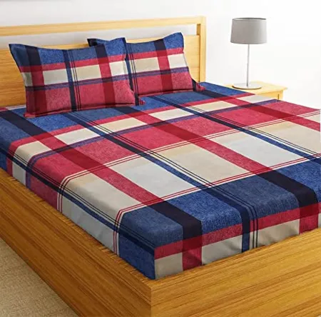BSB HOME 100 Microfiber bedsheet for Double Bed with 2 Pillow Covers Breathable Wrinklefree and Softtouch Cheks Print Sheet Blue Maroon White