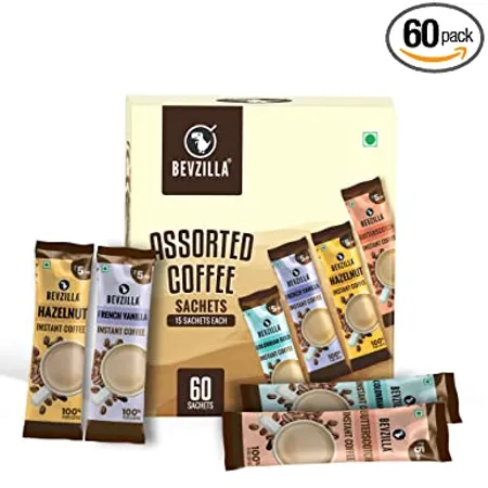 Bevzilla 60 Instant Coffee Powder Sachets 4 Flavours 120 Grams Turkish Hazelnut Colombian Gold French Vanilla English Butterscotch 15 Sachets Each Flavour Makes 60 Cups 100 Arabica Coffee Strong Coffee