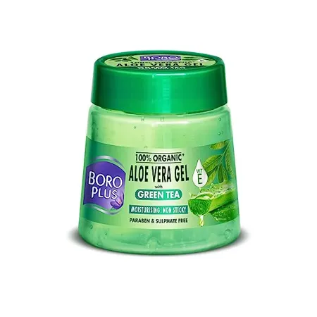 BoroPlus Aloe Vera Gel with Green Tea 100 Organic for Skin Hair Rich in Vitamin E and Antiseptic Herbs for Smooth Nourished and Moisturised Skin 200ml