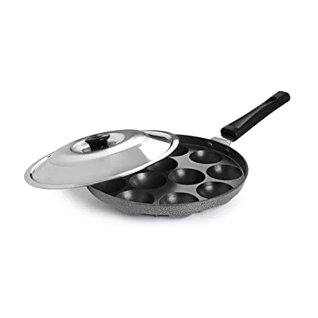 Cello Non Stick 12 Cavity Appam Patra Single Handle with Stainless Steel Lid