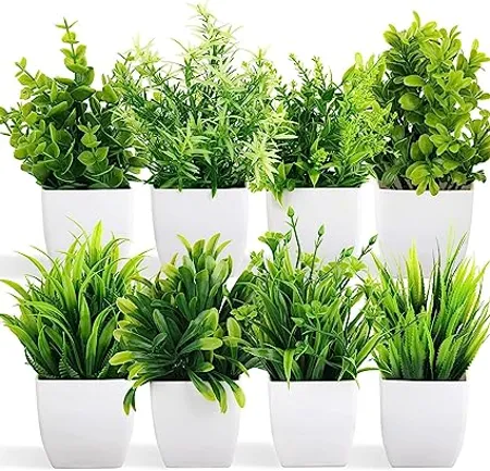 Dekorly Artificial Potted Plants 8 Pack Artificial Plastic Eucalyptus Plants Small Indoor Potted Houseplants Small Faux Plants for Home Decor Bathroom Office Farmhouse Set 0F 8 
