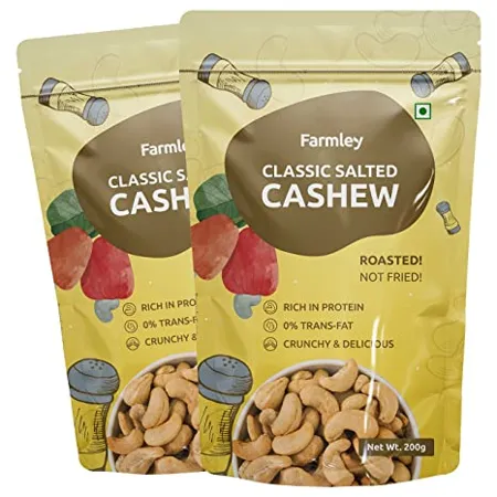 Farmley Premium Roasted Dry Nut Cashew Snacks Pack of 2 each 200 gm Rich in Protein Crunchy Delicious Classic Salted 400 gram 