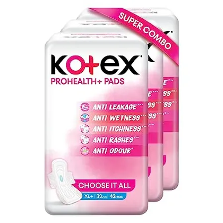 Kotex ProHealth Ultra thin Sanitary Pads for Women XL size 126 napkins Combo Pack 42 s x 3 Healthy Protection with No Leakage No Wetness and Rash free pads