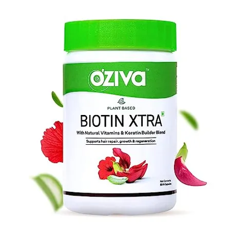OZiva Biotin Xtra for Hair Growth Regeneration Repair 7000mcg Biotin Capsules with Keratin Builder Sesbania Agati Aloe Vera Potassium 60 capsules