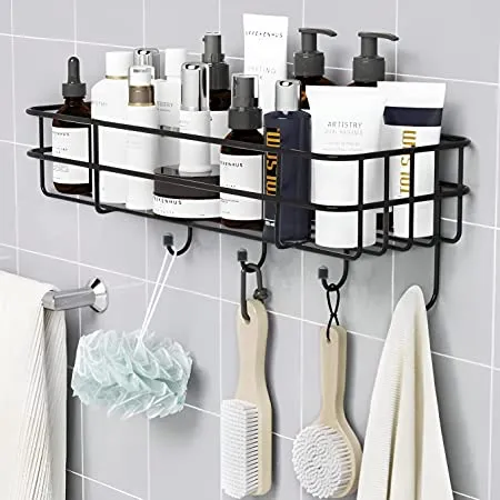 Plantex GI Steel Self Adhesive Multipurpose Bathroom Shelf with Hooks Towel Holder Rack Bathroom Accessories Wall Mount Black Powder Coated 