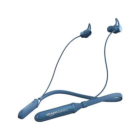 Amazon Basics in Ear Bluetooth 5 0 Neckband with Up to 30 Hours Playtime with Mic Magnetic Earbuds Voice Assistant Dual Pairing and IPX6 Rated Blue