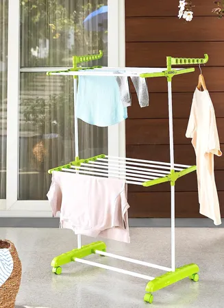 Amazon Brand Solimo Premium Steel Double Supported 2 Layer Cloth Drying Stand Foldable and Movable White Green 
