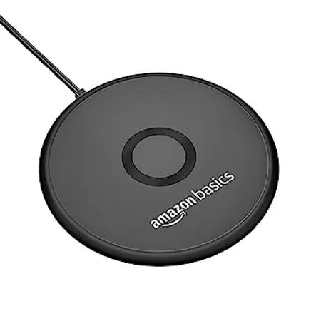 AmazonBasics 15W Qi Certified Fast Wireless Charging Circular Pad Compatible with iPhone 13 13 Pro 13 Mini 13 ProMax 12 11 Samsung Galaxy S21 S20 Note 10 Edge Note 20Ultra S10 AirPods Pro Black