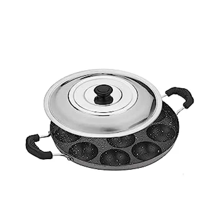 Attro Non Stick Heavy Duty 12 Cavity Appam Patra Paniyarakkal Two Side Handle with Steel lid Wooden Picker Marble Grey Spatter Finish Aluminium
