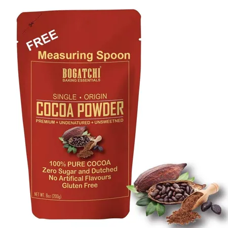 BOGATCHI Raw Single Origin and Natural Cocoa Powder for Cake Making Gluten Free No Sugar Vegan Keto Chocolate Dark Unsweetened Cocoa Powder 200g Free Measuring Spoon