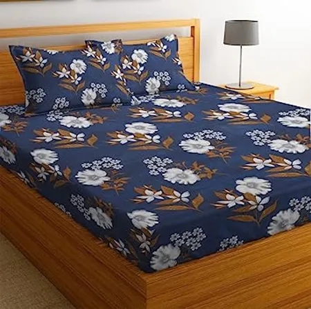 BSB HOME 100 Microfiber bedsheet for Double Bed with 2 Pillow Covers Breathable Wrinklefree and Softtouch White Flower Print Sheet Dark Blue