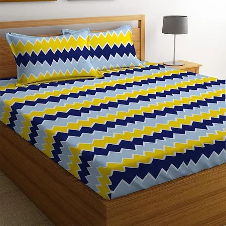 BSB HOME 100 Microfiber bedsheet for Double Bed with 2 Pillow Covers Breathable Wrinklefree and Softtouch Zigzag Print Sheet Yellow Blue