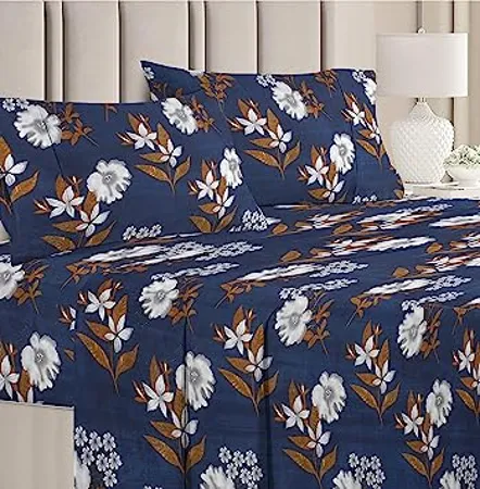 BSB HOME Premium Double Bedsheet with 2 Pillow Covers 160 TC Supersoft Microfiber Breathable Wrinkle Free 3 Pcs Set Blue and Cream